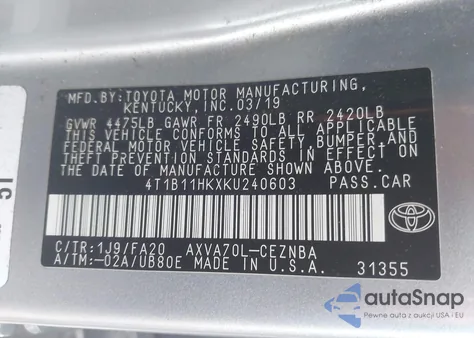 2019 Toyota Camry Le из США, поврежденный, VIN 4T1B11HKXKU240603